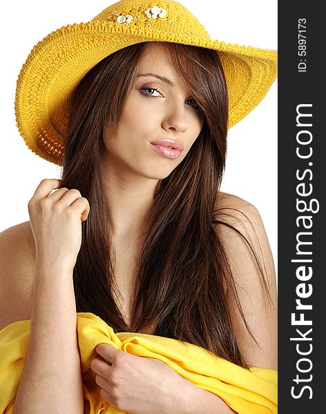 Beautiful summer sexy woman in yellow hat and swimwear. Beautiful summer sexy woman in yellow hat and swimwear