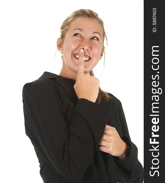 Blonde smiling caucasian young business woman with finger on lips looking mysteriously up with rolling eyes. Blonde smiling caucasian young business woman with finger on lips looking mysteriously up with rolling eyes