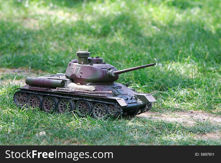 Toy tank on green grass