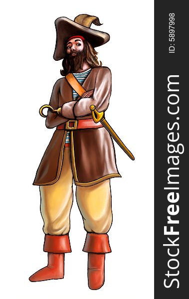 Bearded pirate in a standing pose. Digital illustration.