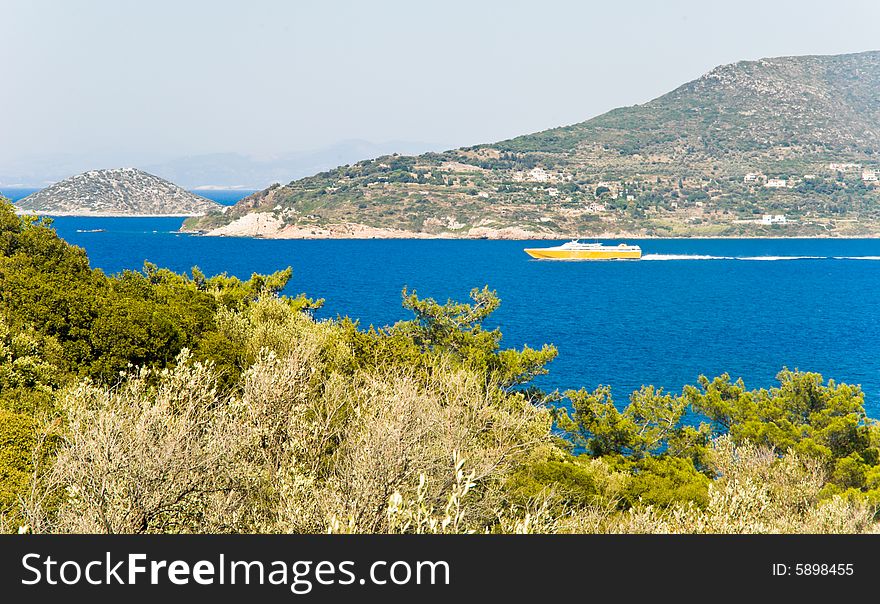 Ship at Mediterranean Island. Samos, Greece.