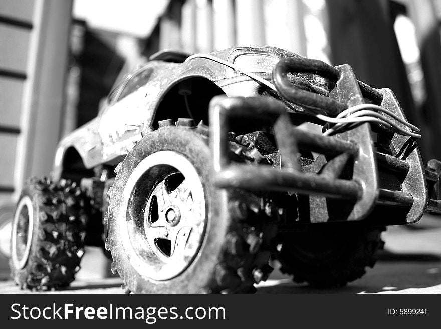 Toy 4x4 truck black and white composition. Toy 4x4 truck black and white composition