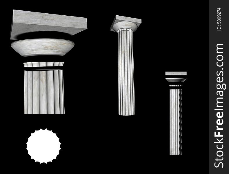 Different views of an ancient doric column of a greek temple. The reconstructed column is in marble and there are visible details like capital, echinus, abacus and flutes. Different views of an ancient doric column of a greek temple. The reconstructed column is in marble and there are visible details like capital, echinus, abacus and flutes