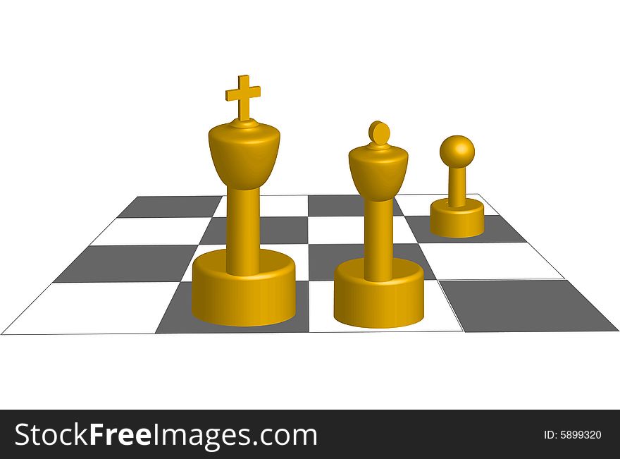 Vector Illustration of golden chess pieces of King, queen and pawn on a 3D chess board. Vector Illustration of golden chess pieces of King, queen and pawn on a 3D chess board