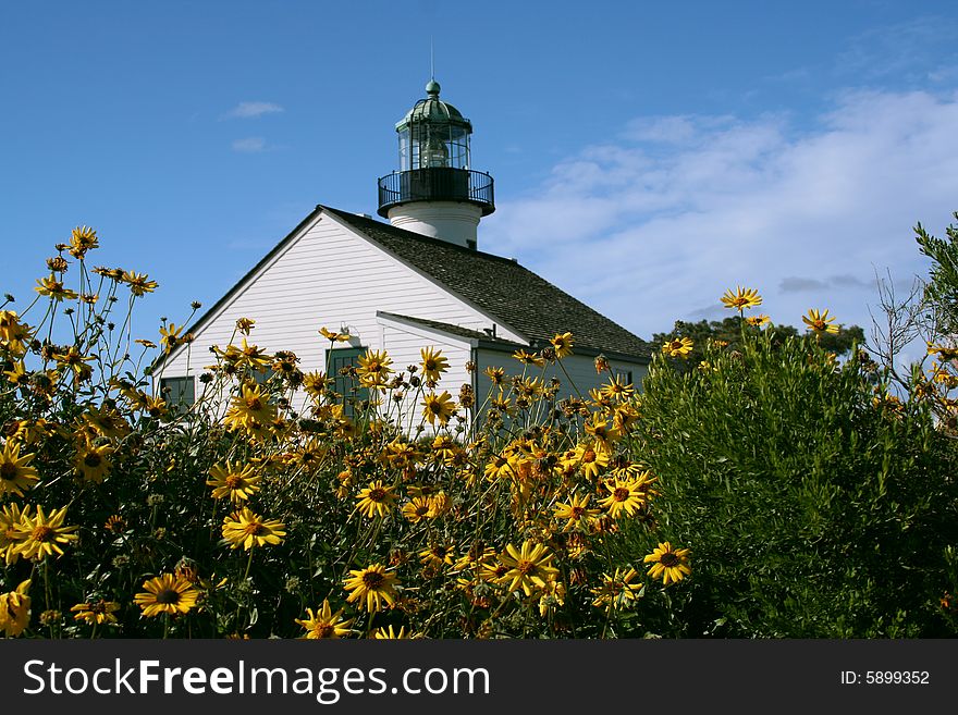 View of Old Point Loma Light with flowers in bloom on the grounds. View of Old Point Loma Light with flowers in bloom on the grounds