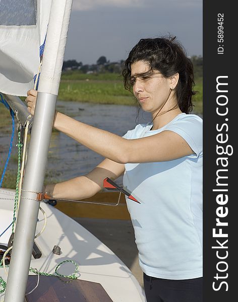 Woman Setting Sail Rigging - Veritical
