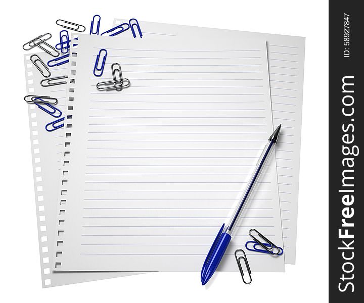 Notepaper with a pen and paper clips