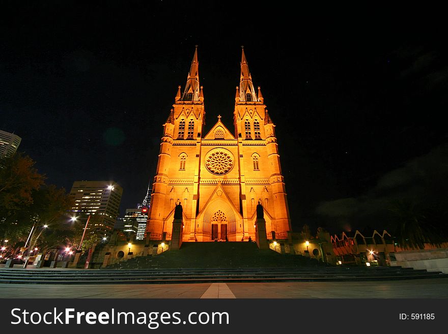 Cathedral at night, perspective from below