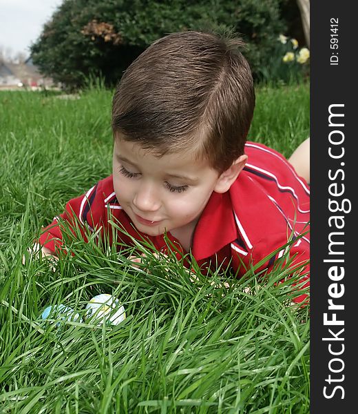 A young boy looking at Easter eggs he has found in the grass. A young boy looking at Easter eggs he has found in the grass.