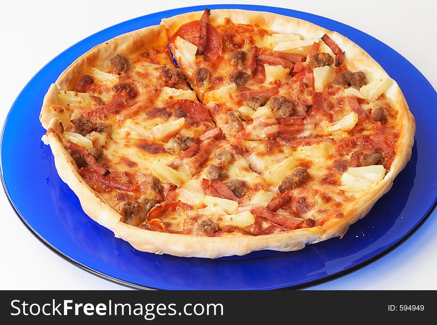 Pizza on a plate in a white background