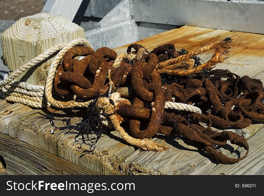 Rusty chains along the waterfront in Portland Maine