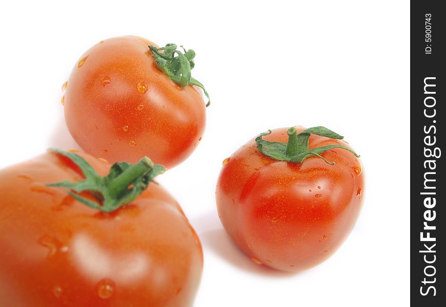 Three fresh red tomatoes with water drops and isolated on white background. Three fresh red tomatoes with water drops and isolated on white background