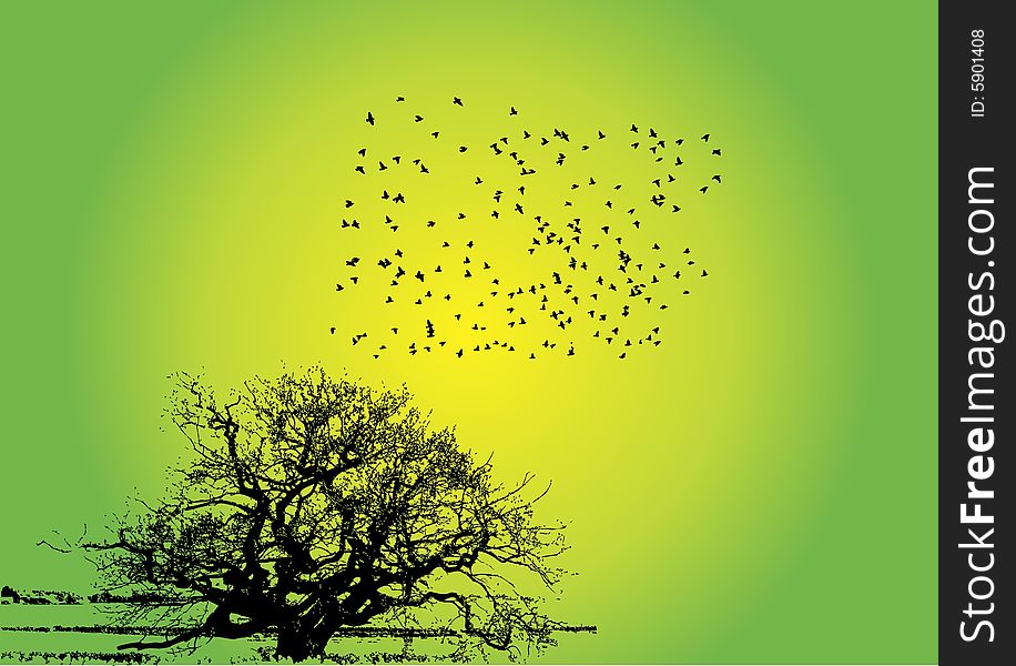 A tree with birds and green gradient background tree and birds are made. A tree with birds and green gradient background tree and birds are made.