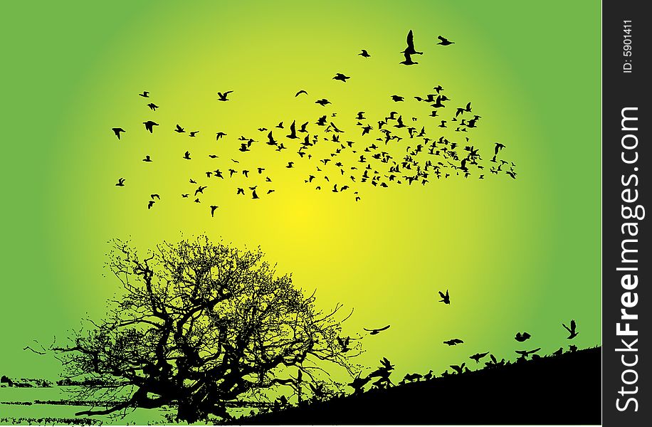 A tree with birds and green gradient background tree and birds are made. A tree with birds and green gradient background tree and birds are made.