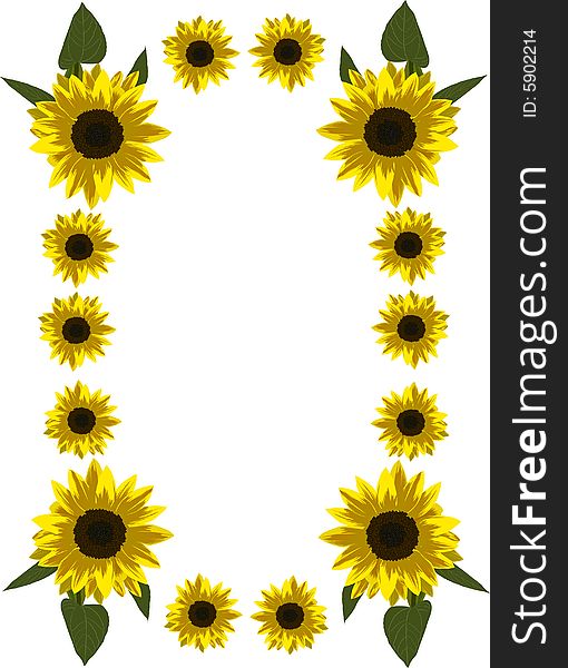 Illustration with frame of yellow sunflowers isolated on white background