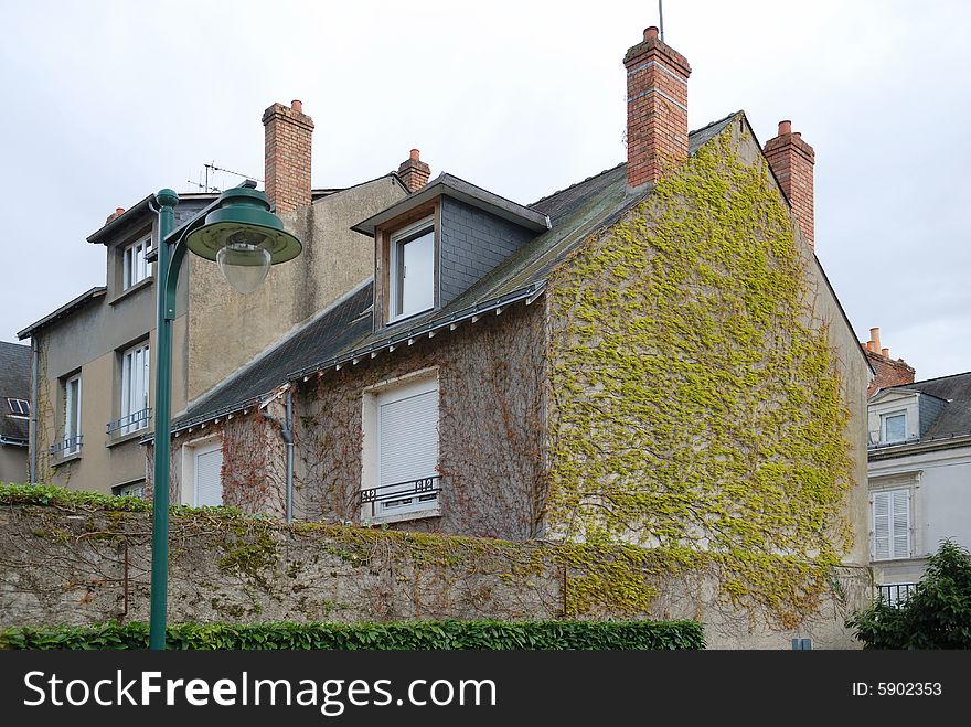 Modest houses wreathed with sprouts of creeper, stone fence and street lamp in the foreground. Modest houses wreathed with sprouts of creeper, stone fence and street lamp in the foreground