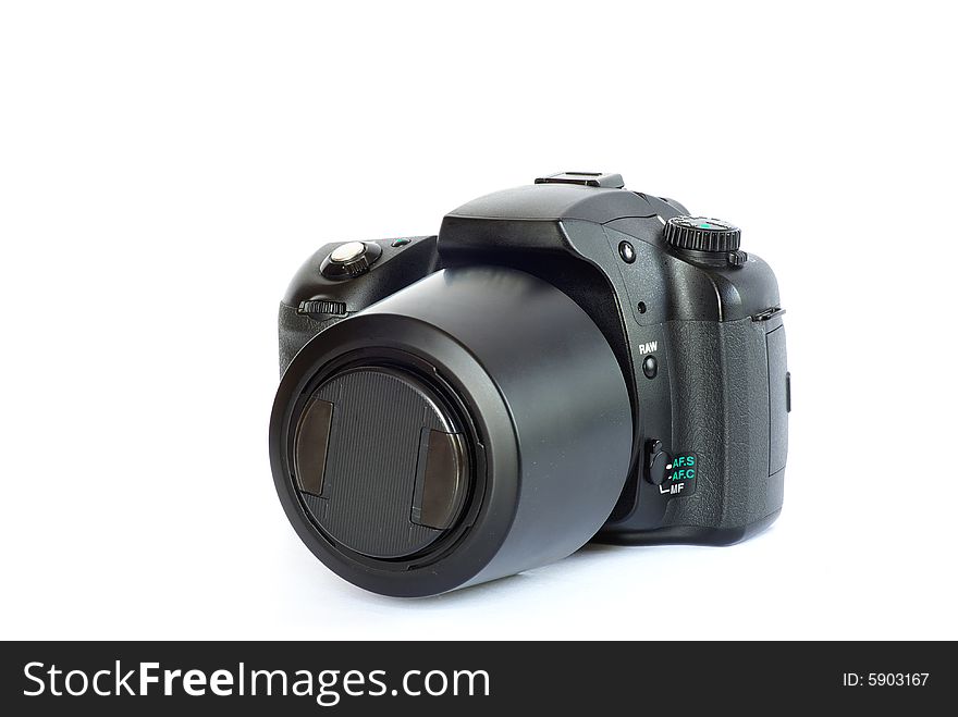 Black digital camera isolated on white