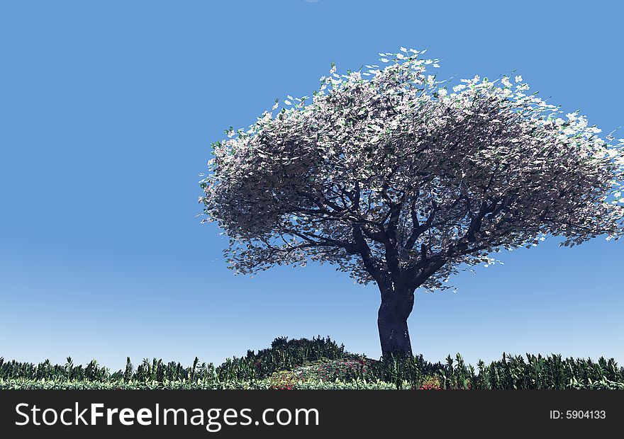 Beautiful landscape with blossoming tree