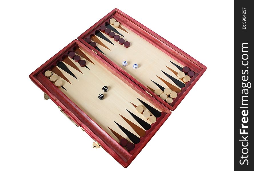 Opened backgammon board on white background