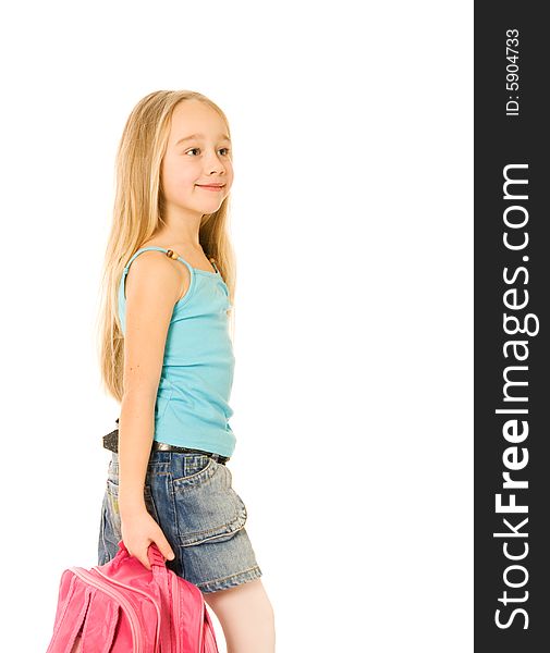 Young girl with a pink backpack