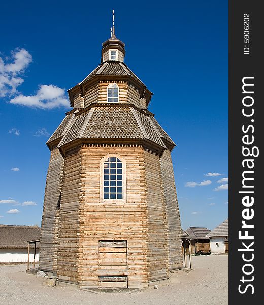 Old wooden orthodox church and blue sky. Old wooden orthodox church and blue sky