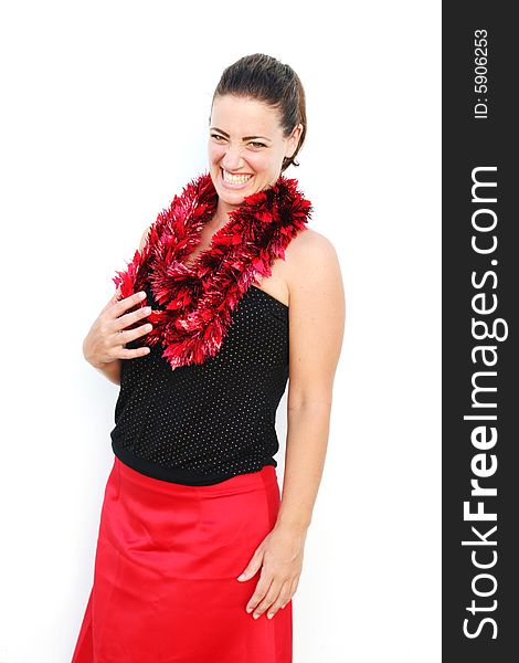 Portrait of a beautiful young brunette woman with tinsel for Christmas - isolated. Portrait of a beautiful young brunette woman with tinsel for Christmas - isolated.