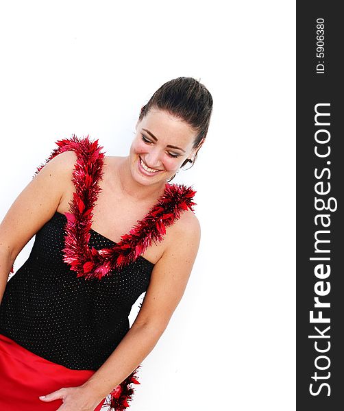 Portrait of a beautiful young brunette woman with tinsel for Christmas. Portrait of a beautiful young brunette woman with tinsel for Christmas.