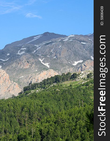 Mountains ands trees landscape under blue sky. Mountains ands trees landscape under blue sky