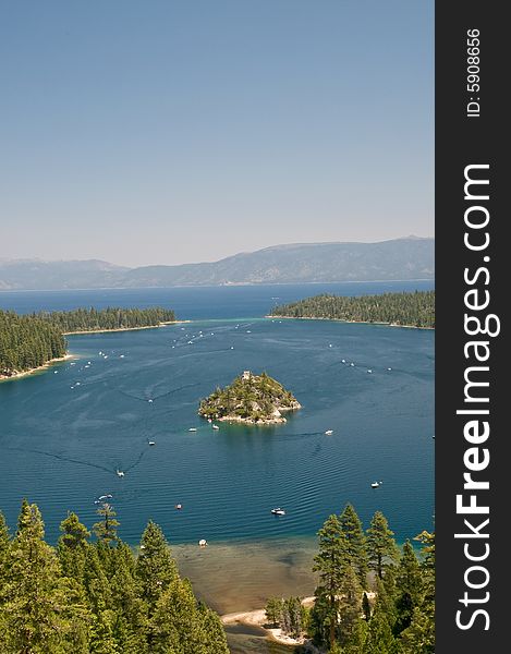 View on Boats and Fannette Island in Emerald Bay, lake Tahoe, California