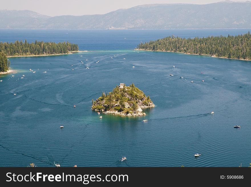 View on Boats and Fannette Island in Emerald Bay, lake Tahoe, California