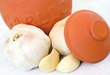 Clay Garlic Pot And Garlic Stock Photography