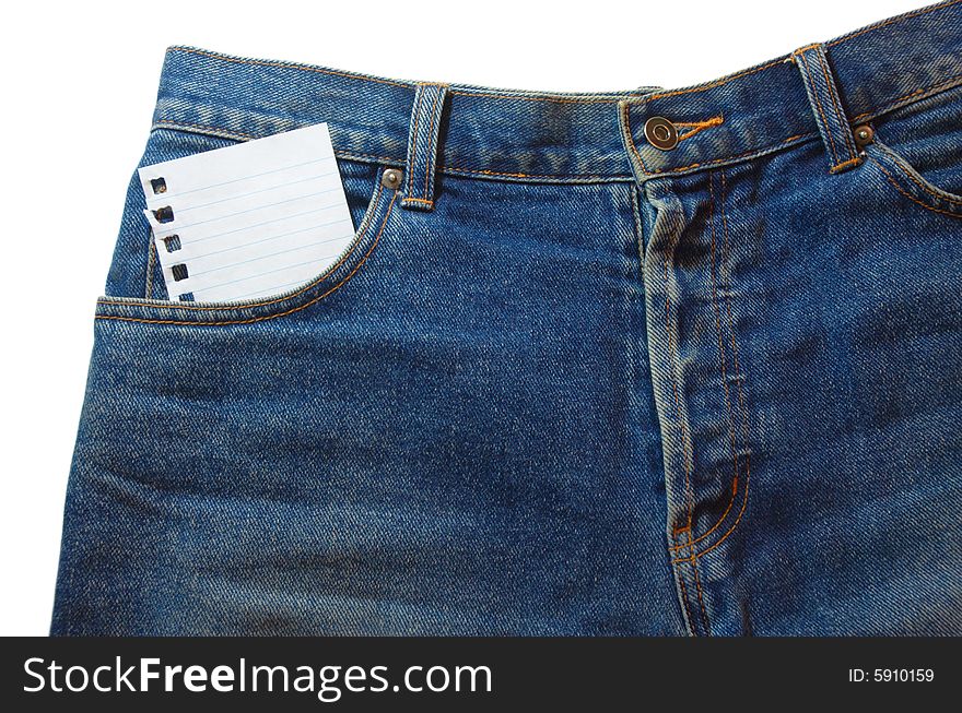 A blank notebook page in the pocket of blue denim jeans, isolated on white background. A blank notebook page in the pocket of blue denim jeans, isolated on white background