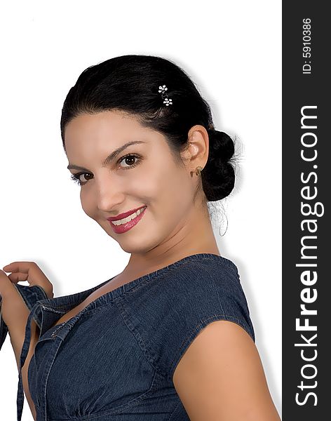 Woman  with beautiful smile dressing in jeans shirt,clipping path included,more photos with this model in <a href=http://www.dreamstime.com/jeans-rcollection8216-resi828293>Jeans</a>. Woman  with beautiful smile dressing in jeans shirt,clipping path included,more photos with this model in <a href=http://www.dreamstime.com/jeans-rcollection8216-resi828293>Jeans</a>