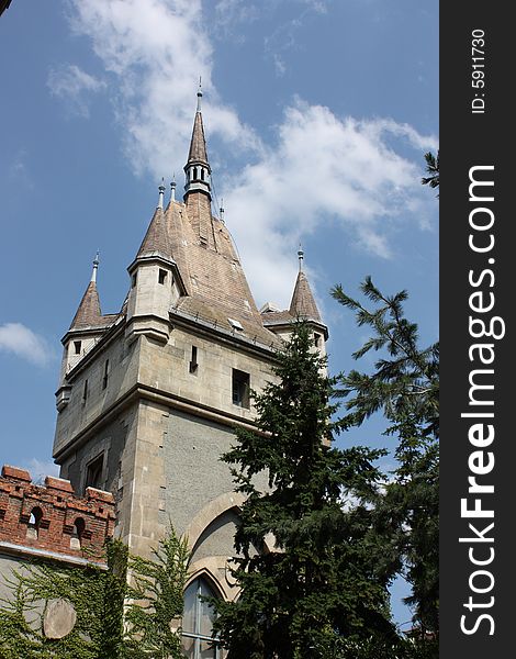 Castle of Vajdahunyad with blue sky and trees