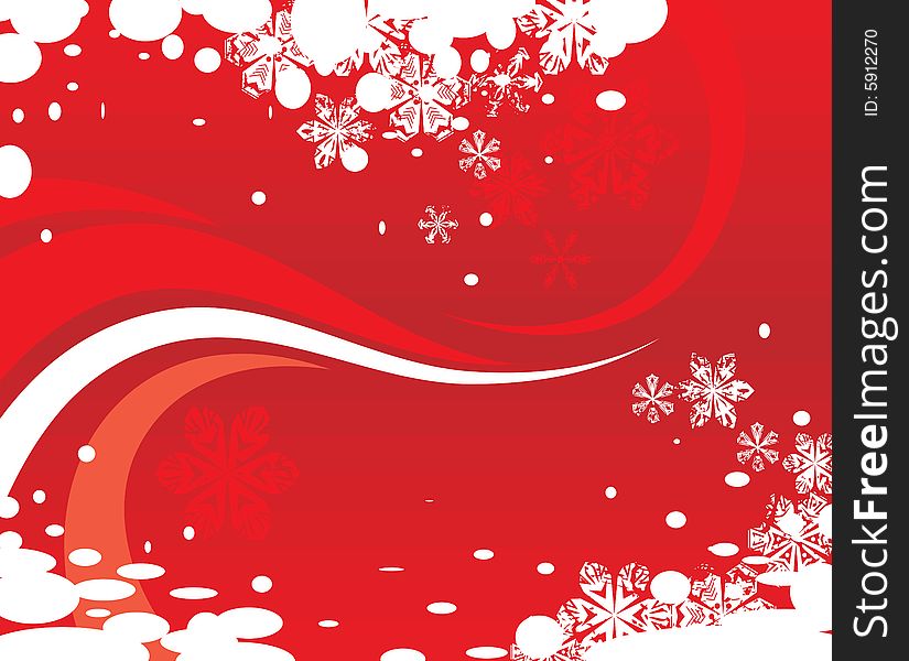 Red Christmas card with snowflakes and snow background