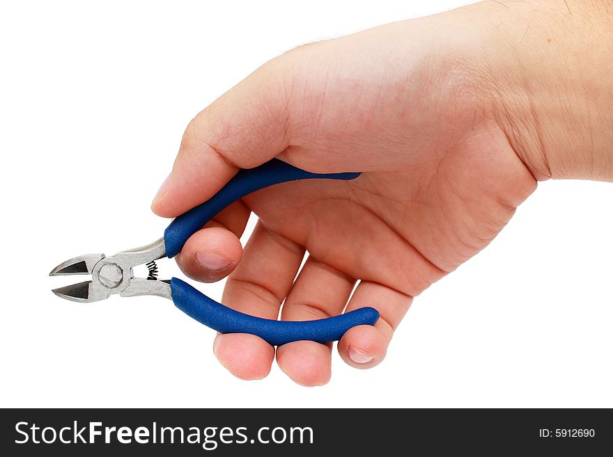 Man's hand hold a cutting plier over white background. Man's hand hold a cutting plier over white background.