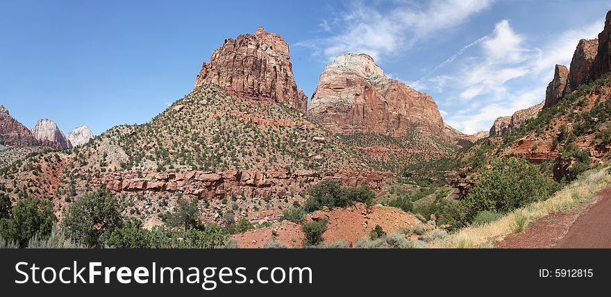 Panorama shows the variety of rock formations and colors at Zion National Park, Utah. Panorama shows the variety of rock formations and colors at Zion National Park, Utah
