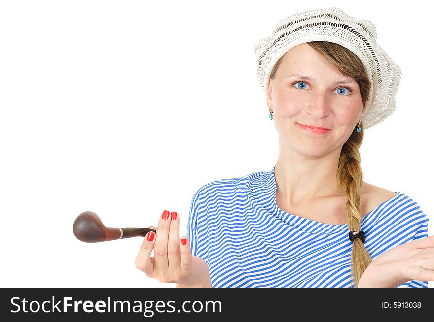 Pretty blue-eyed girl in beret, isolated on white