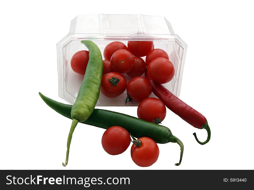 Green pepper and red tomato in a Box. Green pepper and red tomato in a Box