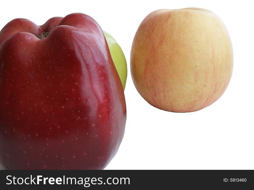 Three different apple on an isolated background. Three different apple on an isolated background