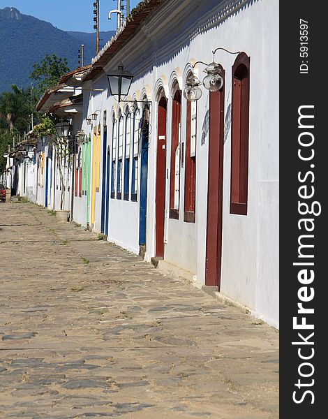 Street in Parati Brazil, houses with coloured doors