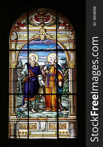 Stained-glass window of The Cathedral Basilica of St. Joseph, large Roman Catholic church located in Downtown San Jose, Costa Rica