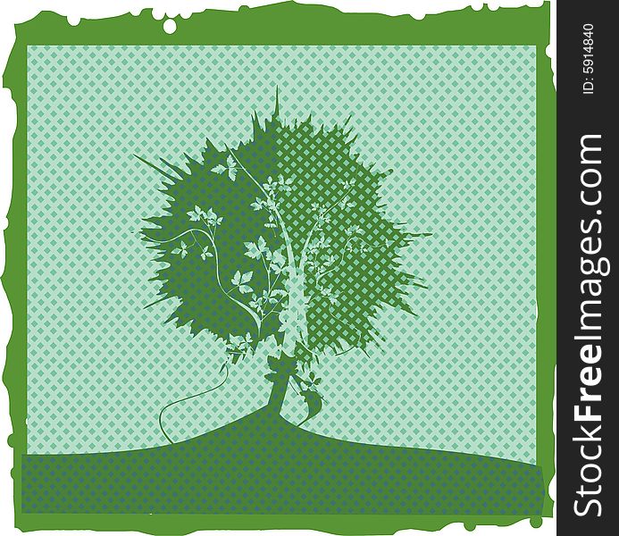 tree illustration on dotted background & grunge frame. tree illustration on dotted background & grunge frame