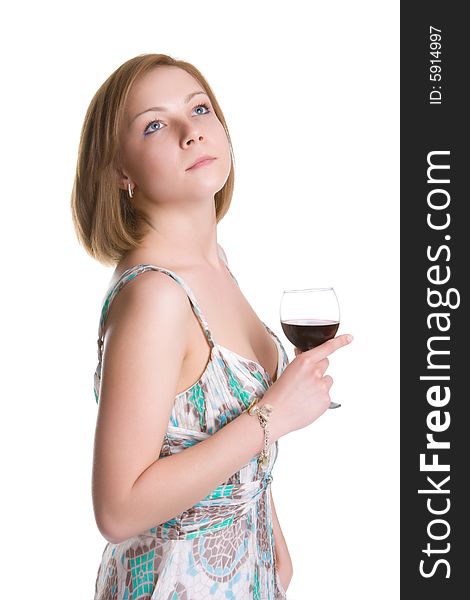 Young woman with a glass of wine isolated on a white background. Young woman with a glass of wine isolated on a white background