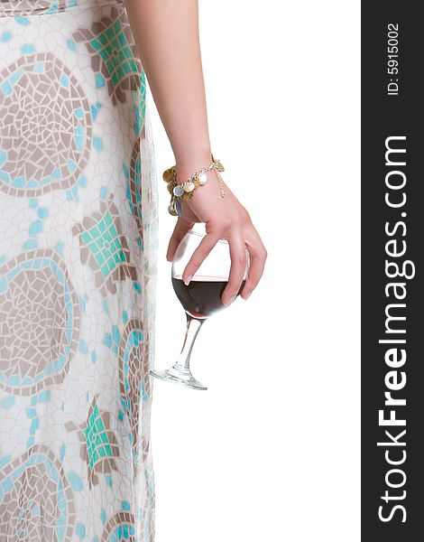 Female hand holding a glass of red wine isolated on a white background