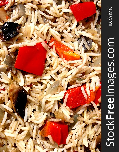 Close up abstract photo of basmati rice and vegetables