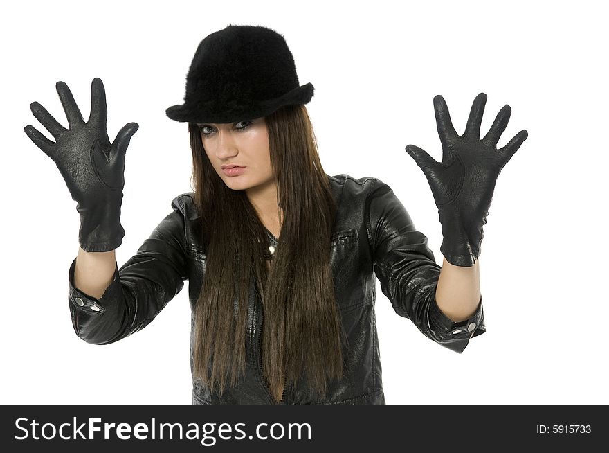 In hat and gloves girl portrait. In hat and gloves girl portrait
