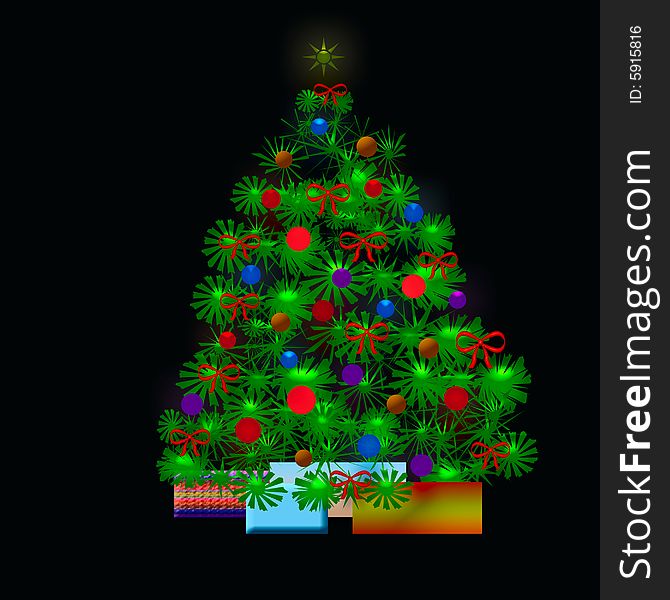 Christmas tree  with colorful ornaments and lights illustration