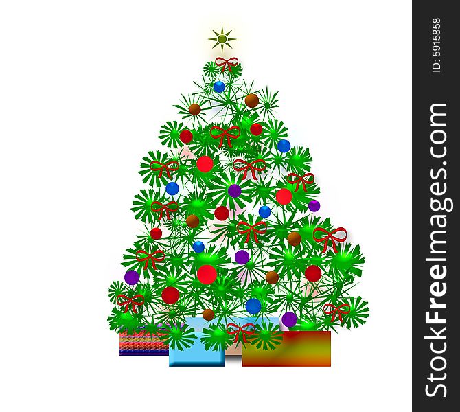 Christmas tree  with colorful ornaments and lights illustration