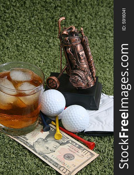 Golf club and ball with a Ten Dollar Bill. Golf club and ball with a Ten Dollar Bill